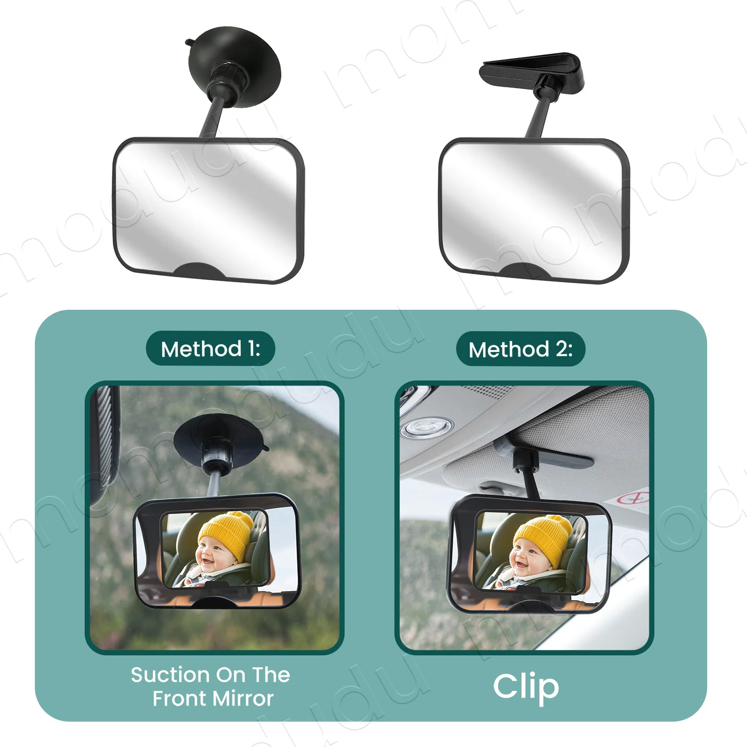 O conjunto de espelho para carro de bebê inclui espelho tipo clip-on ou ventosa e 360 °   Espelho giratório grande angular e inquebrável universal