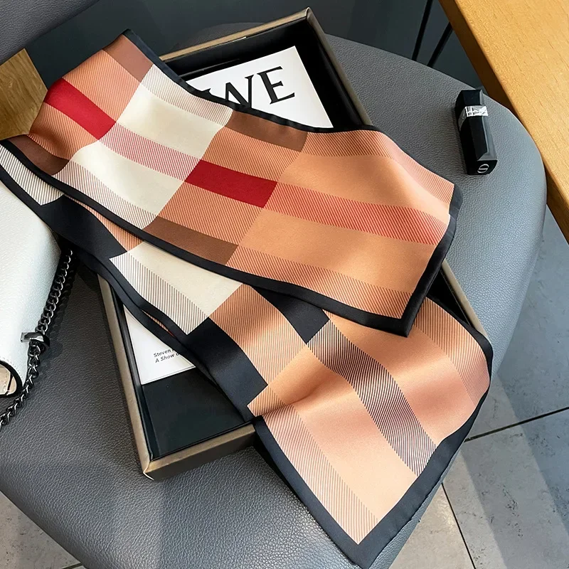 Design de luxo fita lenço de seda 17*150cm bandana lenço foulard feminino lenços de cabelo pescoço gravata senhora lenços magros cetim macio