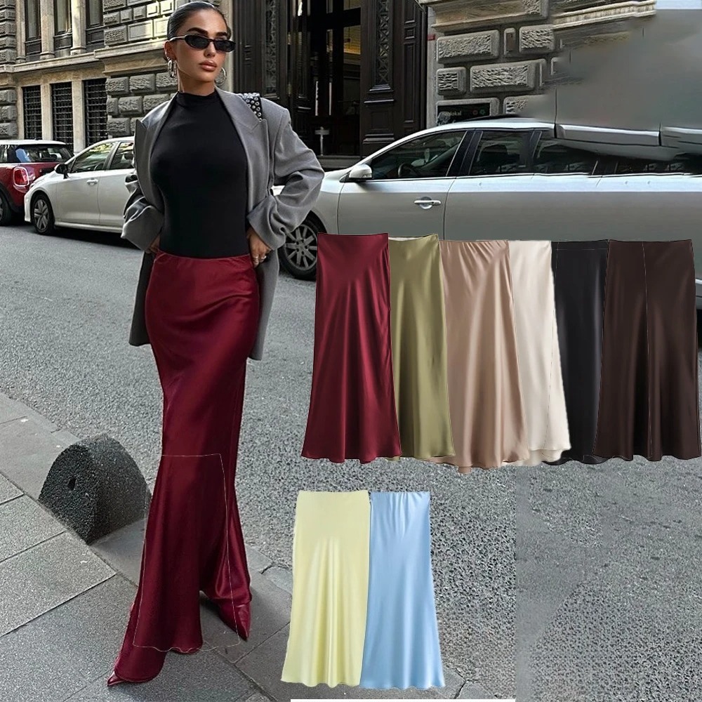 KONDALA Vintage Satin Solid Long Skirts Women High Waist Elastic Silky Skirts Fashion 2025 Spring Elegant Straight Skirts