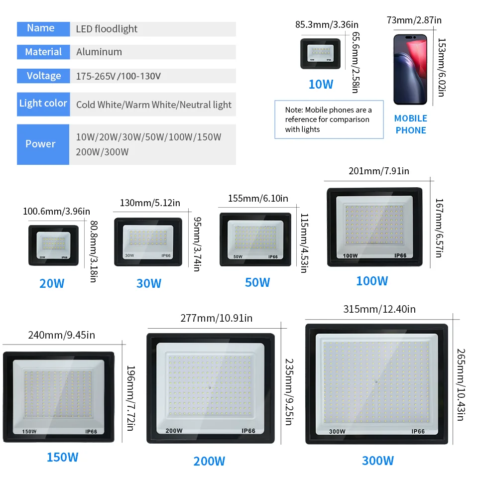 Holofote led ac220v 110v 10-300w ip66 à prova d'água para parede externa jardim refletor led lâmpada de rua luzes de inundação de parede