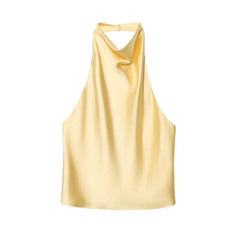 MUJER 2025 Halter Topsผู้หญิงซาตินสีดําBackless Topหญิงสีชมพูฤดูร้อนBeach Topผู้หญิงปิดไหล่Camisole Topผู้หญิง