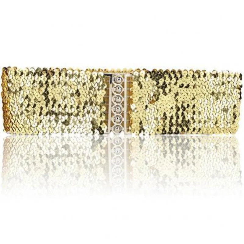 ทองเงินสีเข็มขัด Cool Punk Sparkling Sequins ยืดเข็มขัดกว้างผู้หญิงชุดเข็มขัดเอวเครื่องประดับอุปกรณ์เสริม