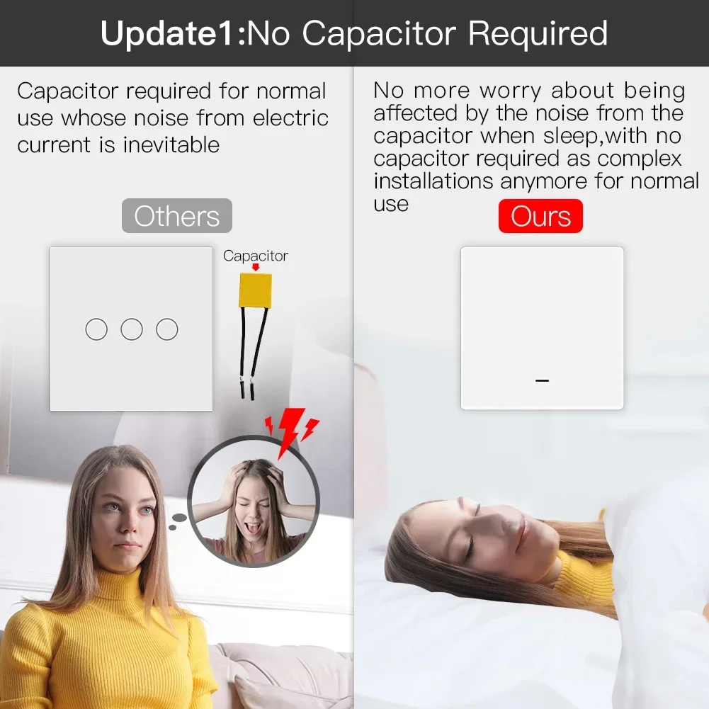 MOES interruptor de luz inteligente Tuya ZigBee sin cable neutro No necesita condensador Smart Life 2/3 vías funciona con Alexa Google 2mqtt