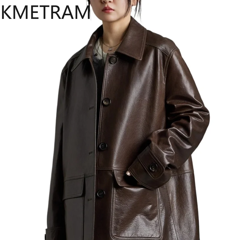 KMETRAM Damen-Lederjacke aus 100 % natürlichem Schaffell, hochwertig, Retro-Braun, echter Damen-Jackenmantel, 20, mittellang