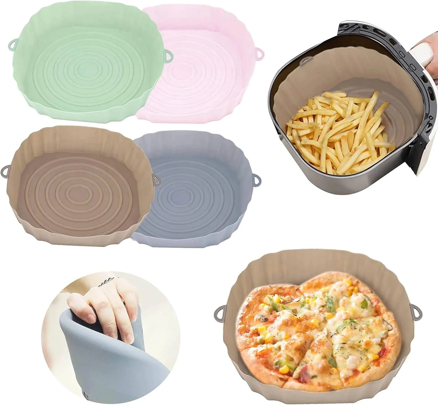 ซิลิโคน Air Fryer Liners ถาดอบแบบใช้ซ้ําได้อุปกรณ์เตาอบทําอาหารรอบตะกร้าหม้อชามพร้อมที่จับด้านข้าง