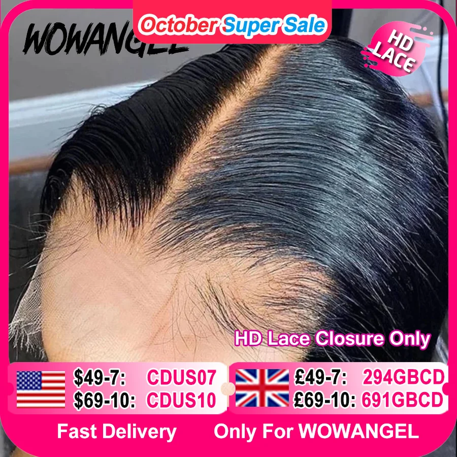 Wowangel 7x 6/6x 6/5x5 hd fechamento do laço cabelo humano derreter pele parte profunda natural couro cabeludo real hd fechamento do laço apenas cabelo virgem reto