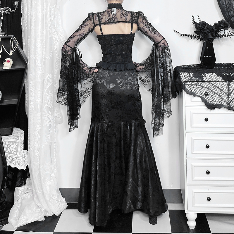 Goth Dark Elegant Fashion Party Gown High Waist Lace Stitch Mermaid Skirt Female Sexy Pleated Bodycon Skirts Gothic Streetwear