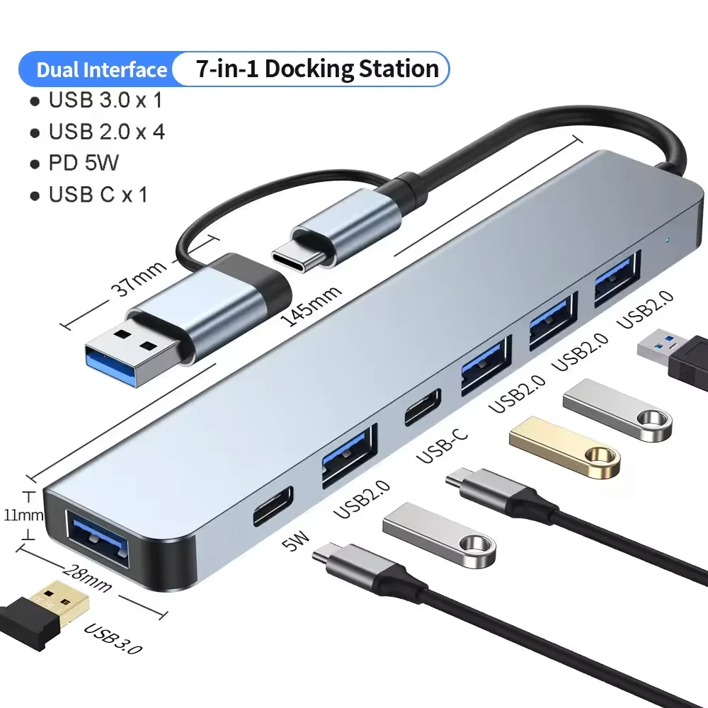 USB-C-Hub, USB-Splitter, 7-in-1-USB-Extender mit 4 USB-Anschlüssen, 1 USBC-Anschluss, TF/SD-Kartenleser, Audioausgang, kompatibel mit MacBook