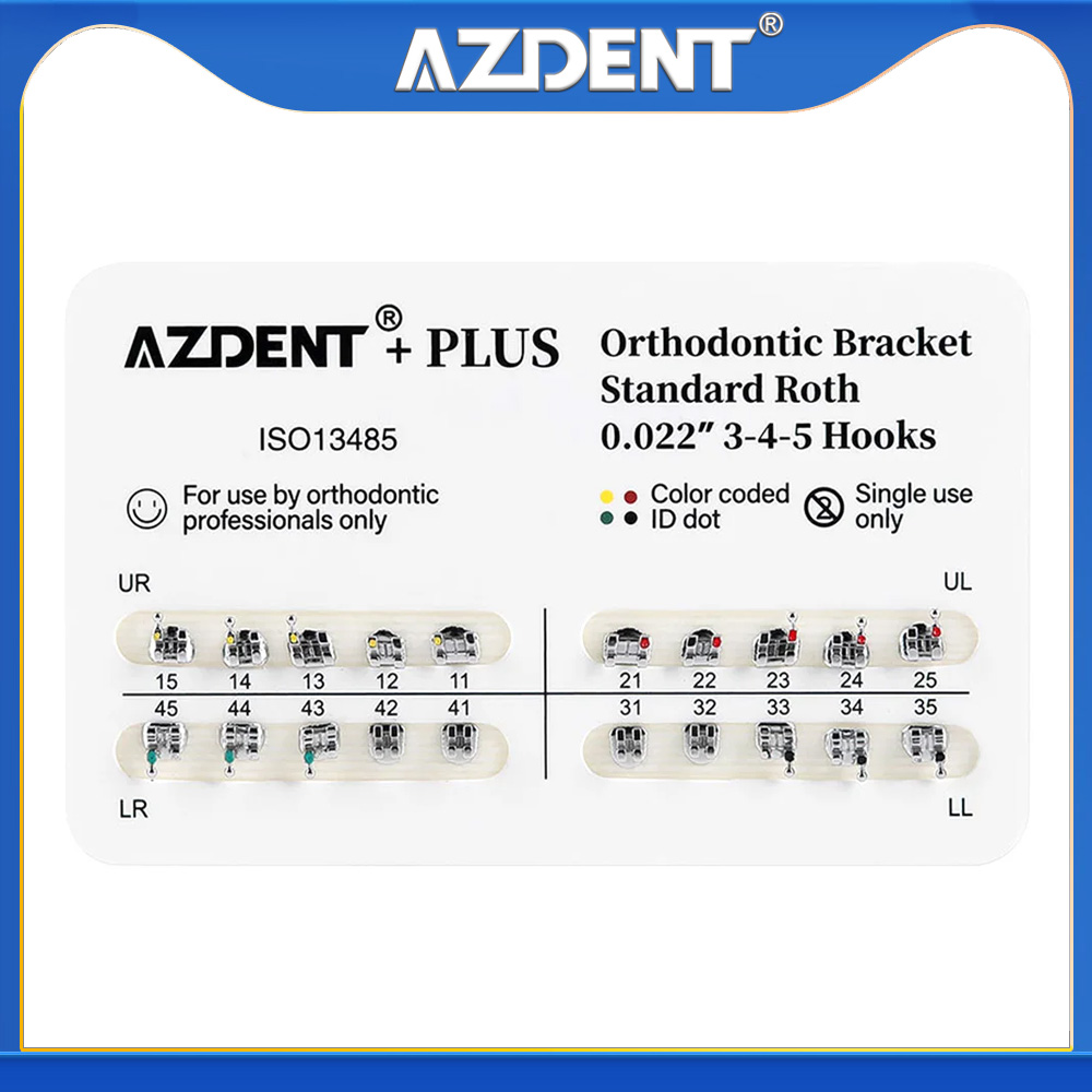 Azdent PLUS-soportes de Base de malla de ortodoncia Dental, estándar Roth/MBT, 0,022 "/0,018", con 3/3-4-5 ganchos, 1 paquete