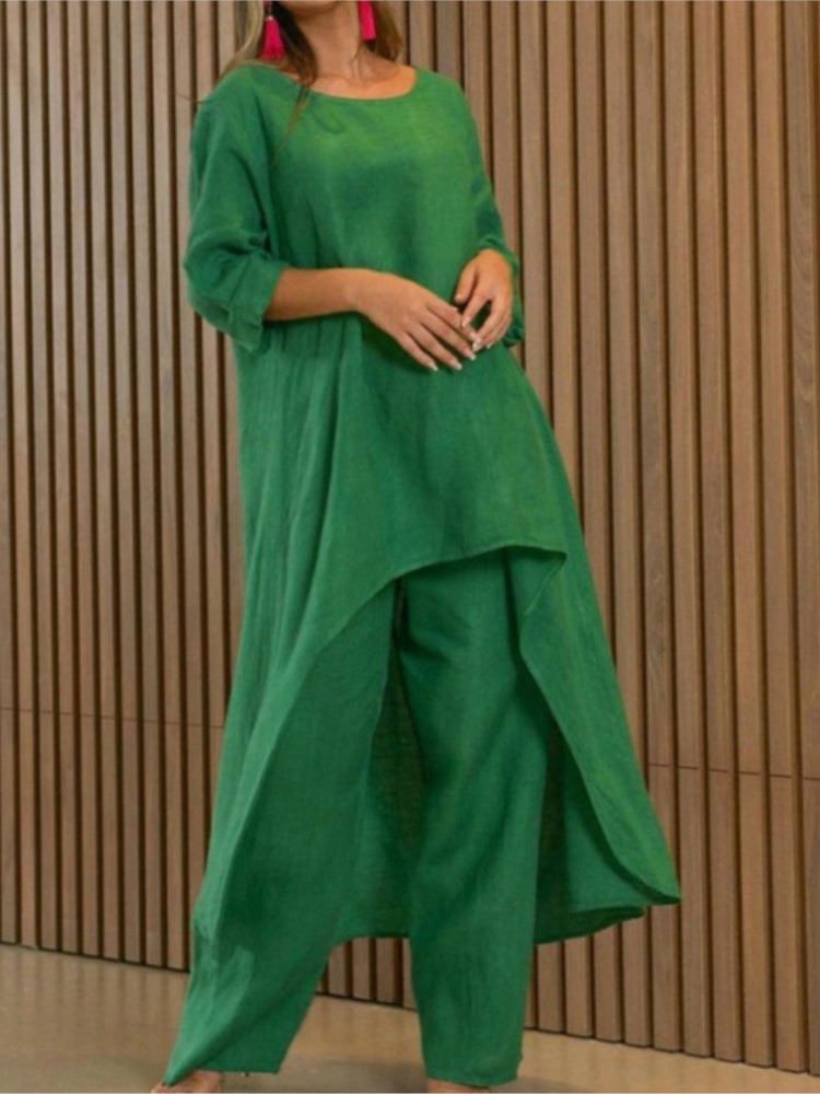 Conjuntos de pantalones largos de lino y algodón para mujer, Tops irregulares informales lisos a la moda, trajes de pantalón de pierna ancha, conjuntos de dos piezas para oficina para mujer