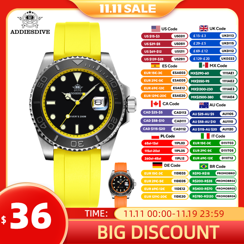 ADDIESDIVE часы с вращающимся безелем для мужчин, 41 мм, кварцевые часы из нержавеющей стали, BGW9, светящийся резиновый ремешок, 200 м, мужские часы для дайвинга, новые