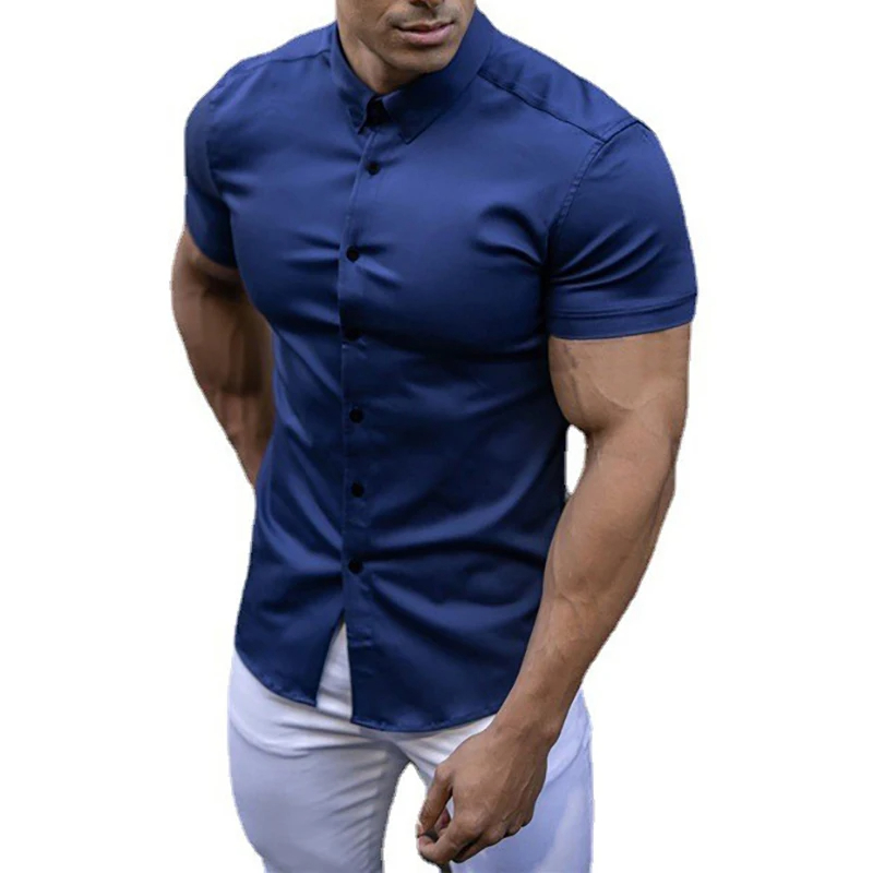 2025 Camisa Formal informal de verano para hombre con una sola botonadura, camisa holgada clásica ajustada de manga corta de Color sólido a la moda