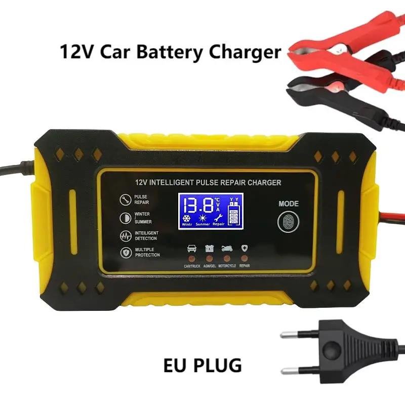 Automatyczna ładowarka akumulatorów samochodowych 12V 6A z cyfrowym wyświetlaczem LCD, ładowarka impulsowa 12AH do naprawy akumulatorów kwasowo-ołowiowych mokrych i suchej elektrolity.