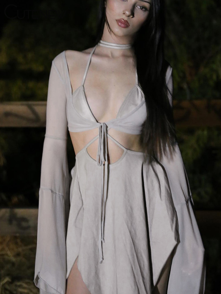 Cutenew 女性のメッシュ 2 点セットセクシーな長袖レースアップアウタートップ + ホルタースキニー中空アウトレディドレススーツ新しい衣装