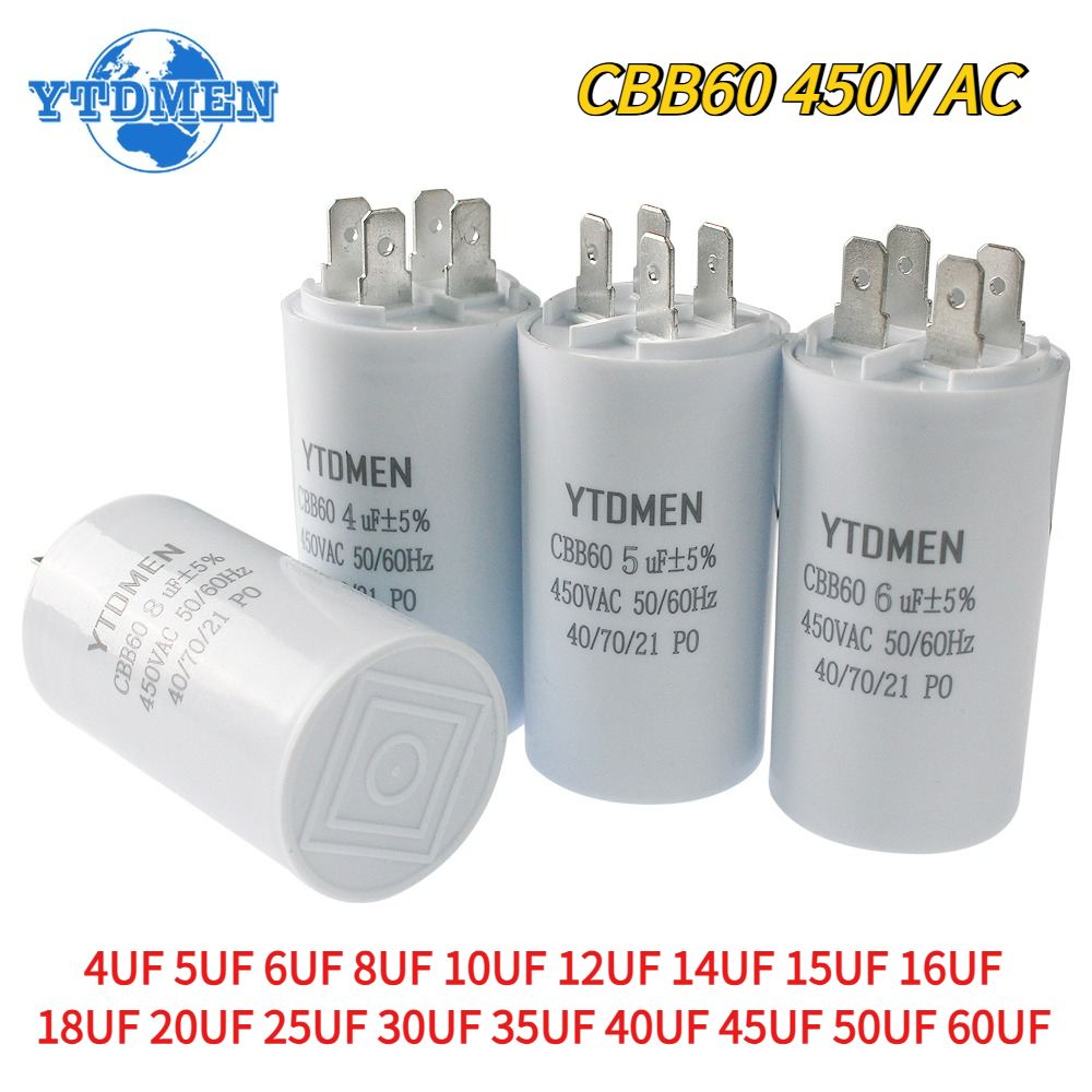 1 Uds CBB60 condensador de arranque 450VAC 4pin doble inserto reemplazo eléctrico condensadores de funcionamiento de Motor 4UF 5UF 6UF 8UF 16UF 20UF 60UF