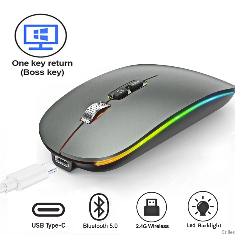 Ratón inalámbrico Bluetooth 2,4G de modo Dual, dispositivo con función de escritorio de un clic, recargable tipo C, con retroiluminación silenciosa para ordenador portátil y PC, nuevo
