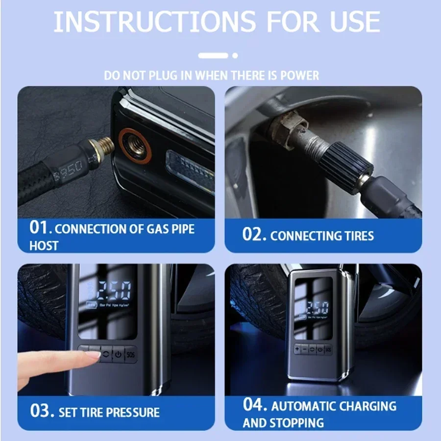 Bomba de inflado montada en coche, Mini inflador de neumáticos eléctrico autopropulsado portátil, bomba de aire, carga inalámbrica de mano