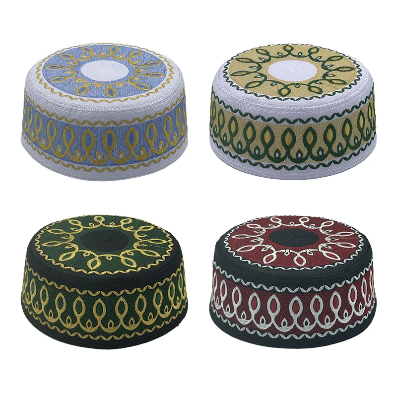 Moda bordado chapéu muçulmano masculino oração adoração chapéus casual festa de casamento arábia saudita turbante islâmico boné 54-59 chapéu de topo plano