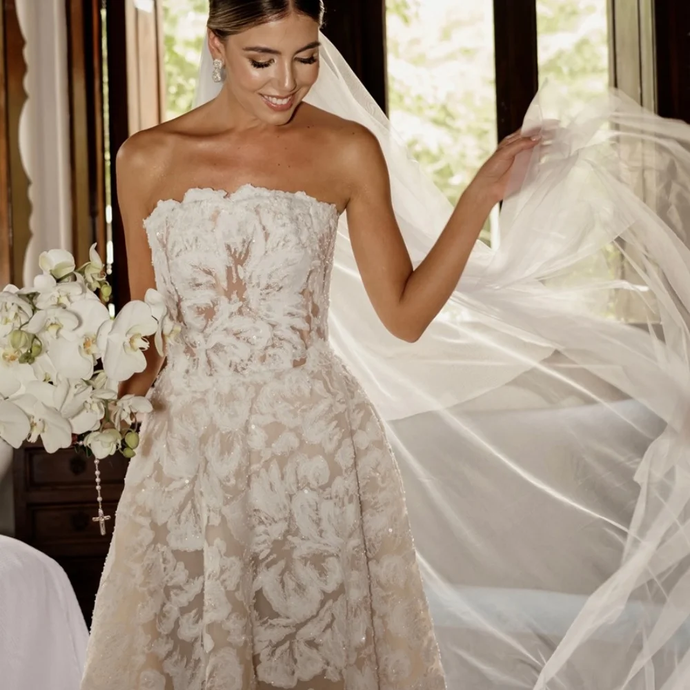 Amanda Customized White Lace Prom Dresses Strapless Floor-Length Head Veil vestidos de noche Trailing A-line Formal Evening 2025