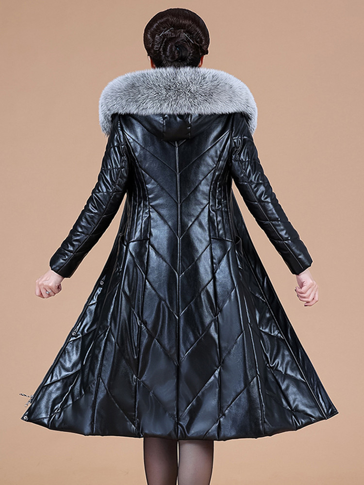 L-8XL Mutter Daunenmantel Lederjacke Frauen Winter Mode Warm andicken Mit Kapuze Abnehmbar Kragen aus Kunstpelz Gespaltenes Schaffell Mantel Schlank Lang Oberbekleidung Weiblich