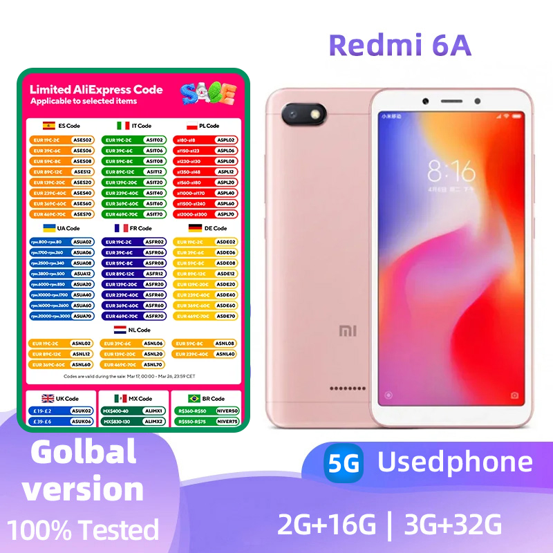Xiaomi Redmi 6A 4G Android RAM 2GB ROM 16GB MediaTek Helio A22 Teléfono usado de 5,45 pulgadas