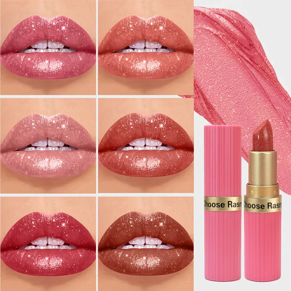 Pearlescent Pink Glitter กํามะหยี่ลิปสติก METALLIC กันน้ํา Long Lasting Matte Shimmer เพชรลิปสติกผู้หญิงแต่งหน้าเครื่องสําอาง