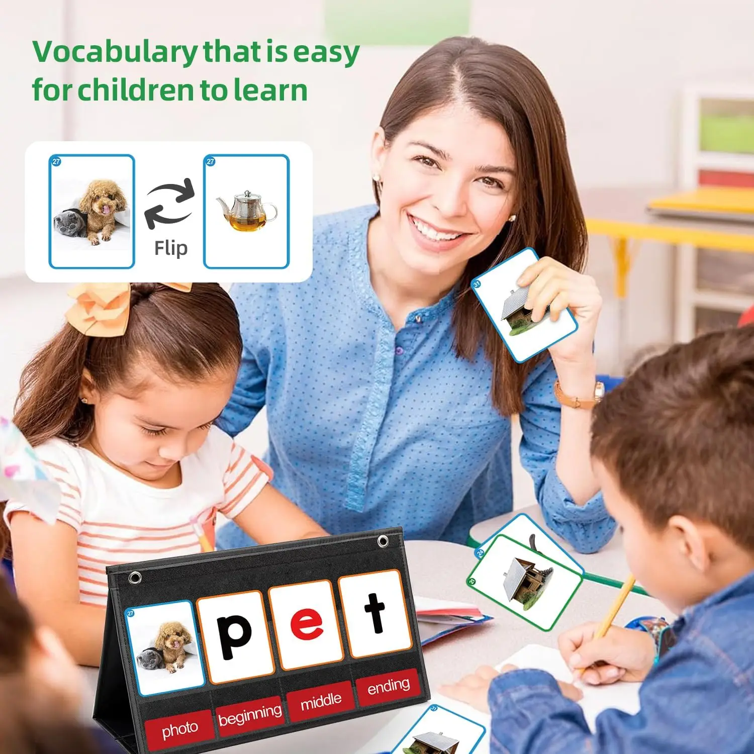 CVC Word Building Pocket Chart with 107 Flash Cards for Kindergarten Classroom CVCC Phonics Games Desktop Organization Essential