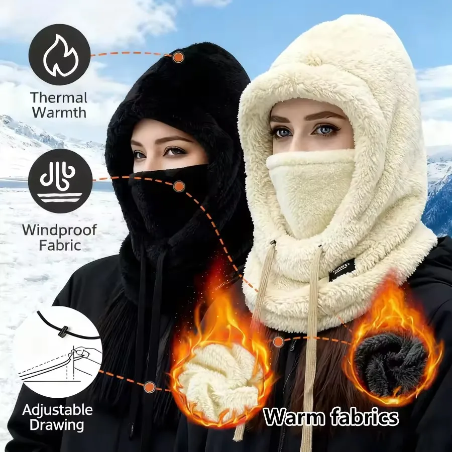 Passamontagna invernale in tinta unita con coulisse Copertura isolante per il viso Donna Copricollo integrato spesso regolabile Maschera integrale da equitazione