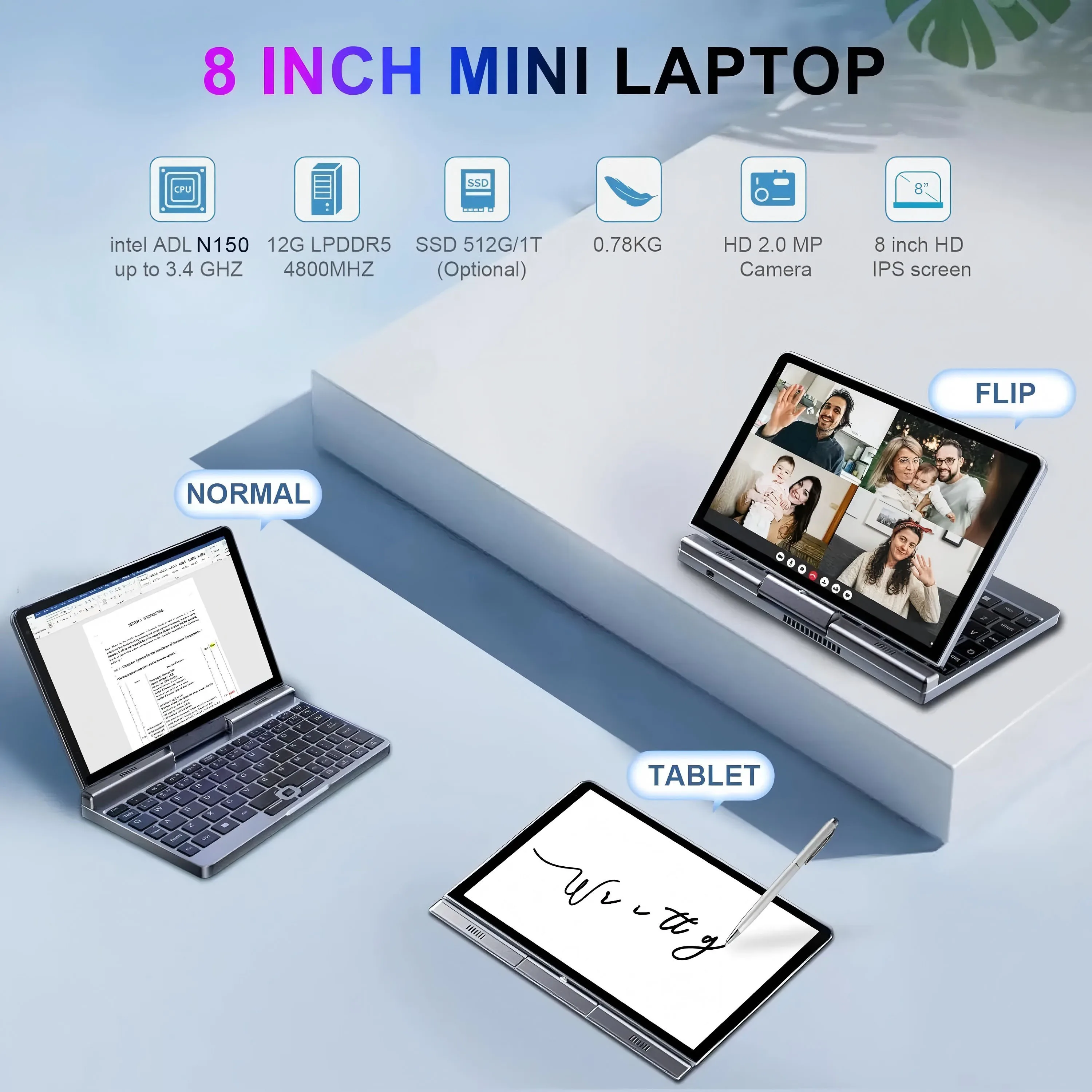 8 Inch Mini Laptop N150 Notebook IPS Touch Screen Portable Netbook Windows 11 Mini PC Micro Computer Bluetooth 5.2 12GB LPDRR5