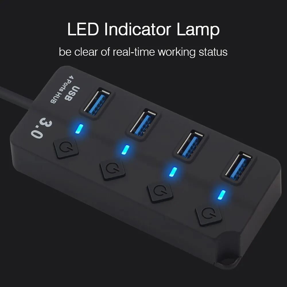 HUB USB 3.0 USB-Splitter 2.0 4-in-1-USB-Adapter Multi-Port Independent Power Switch Extender 30 cm Kabel