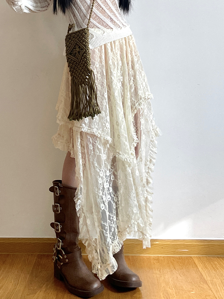 Rockmore Kant Onregelmatige Rok Grunge Fairycore Vrouwen Vintage Y2K Boho Esthetische Coquette Lage Taille Mid Rokken Vakantie Outfits