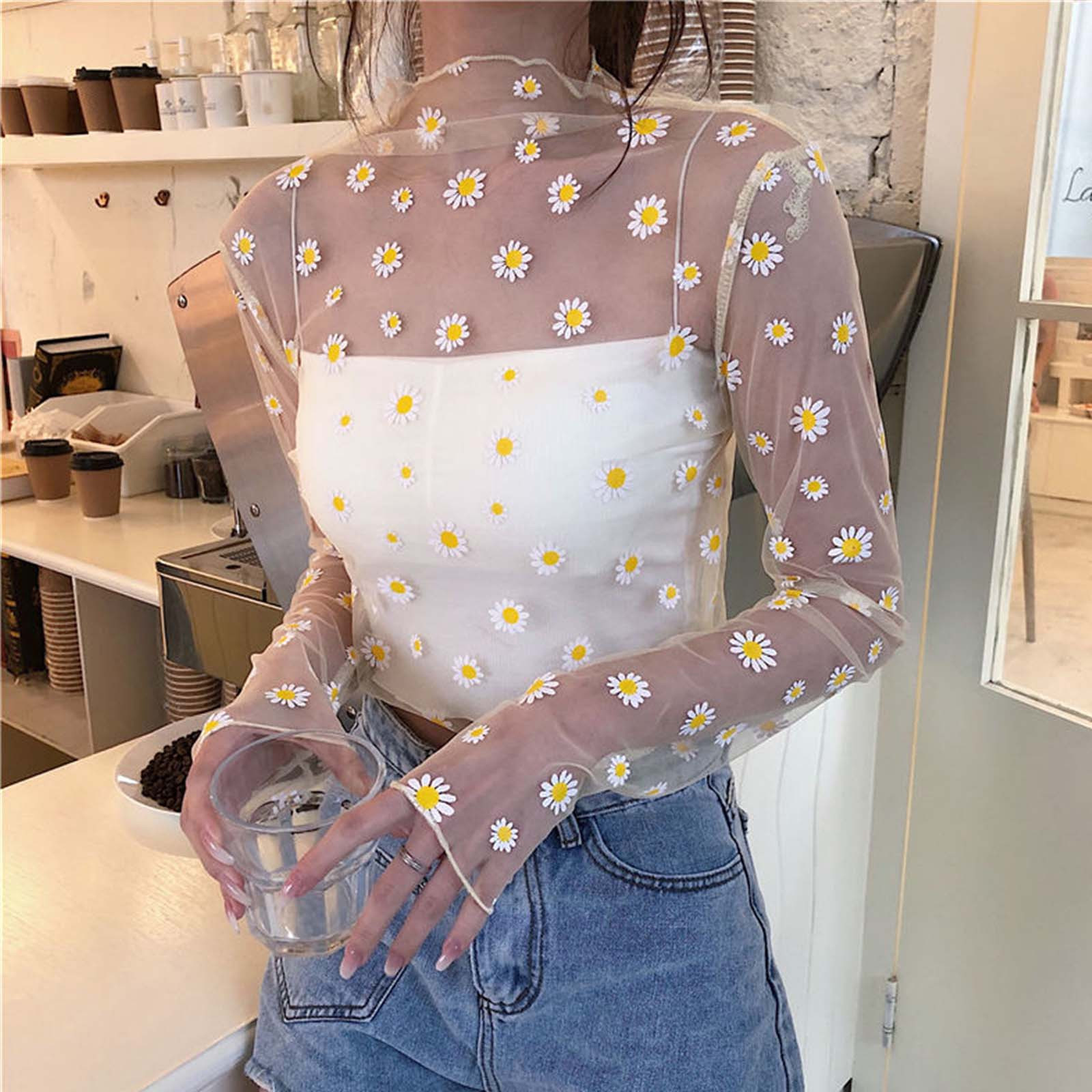 Tops transparentes de encaje con estampado de Margarita para mujer, camisetas sexis de manga larga, camisas de malla fina, Top de moda para mujer, blusa con protección solar de verano 2023