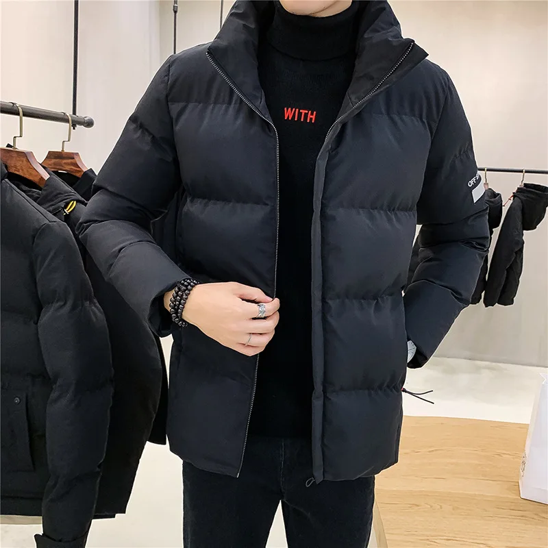 Jaket Down Pria pendek, mantel kasual mode empuk katun kerah berdiri hangat dipertebal musim gugur dan dingin 2023