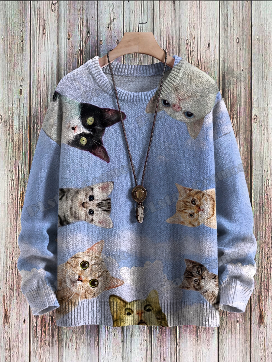 メンズレトロブラックキャットアイズアート柄ニットプルオーバー、ユニセックスカジュアルニットセーター、3Dプリントクルーネック、冬、zzm46