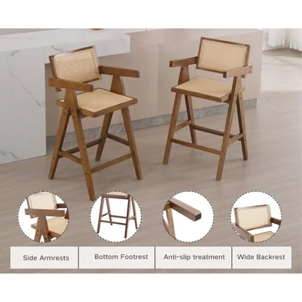 Set of 4 Wooden Farmhouse Barstools with Rattan Woven Back/Arms Kitchen Island Chic Boho Design High-Quality Materials Ultimate