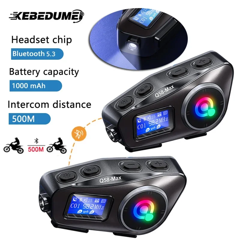 1/2x motorfiets intercom helm headset voor 2 rijders 500M interphone FM-radio muziek delen LCD-scherm met zaklamp hoofdtelefoon
