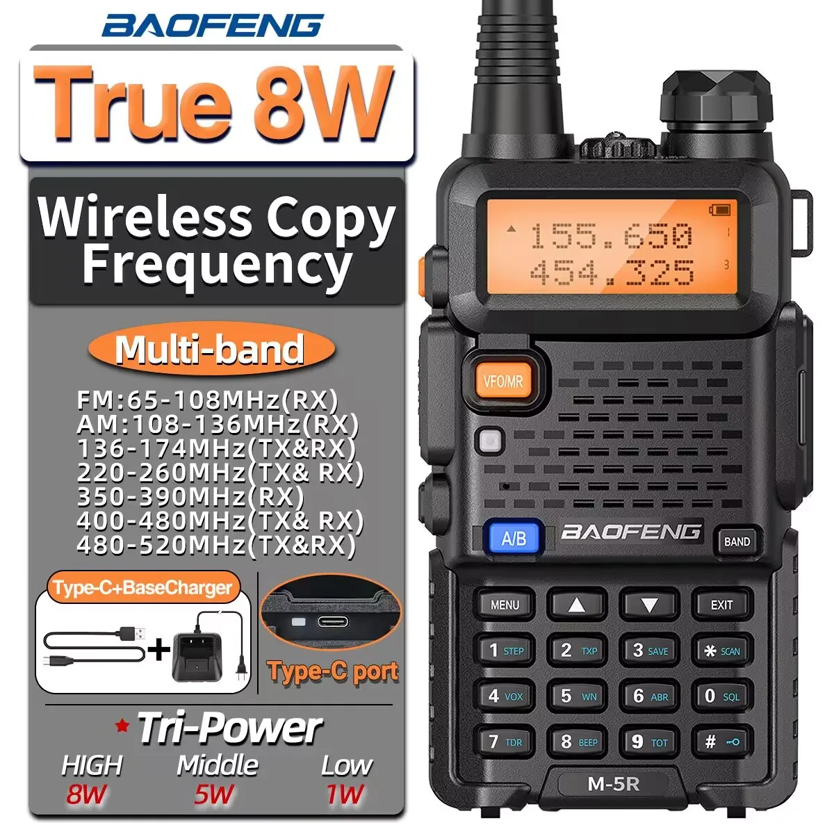 Baofeng M-5R Walkie Talkie High Power Long Range Typ-C Wireless Kopierfrequenz Zwei-Wege-Radio Kommunikation Amateurfunk zum Wandern