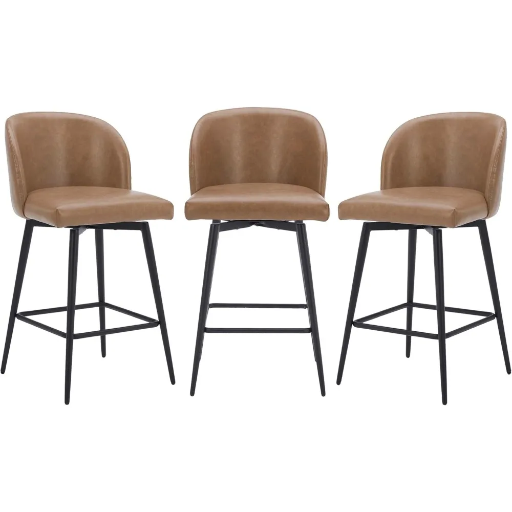 Counter Height Bar Stools Set of 3, 360° Swivel Upholstered Barstools with Backs and Metal Legs, 26" H Seat