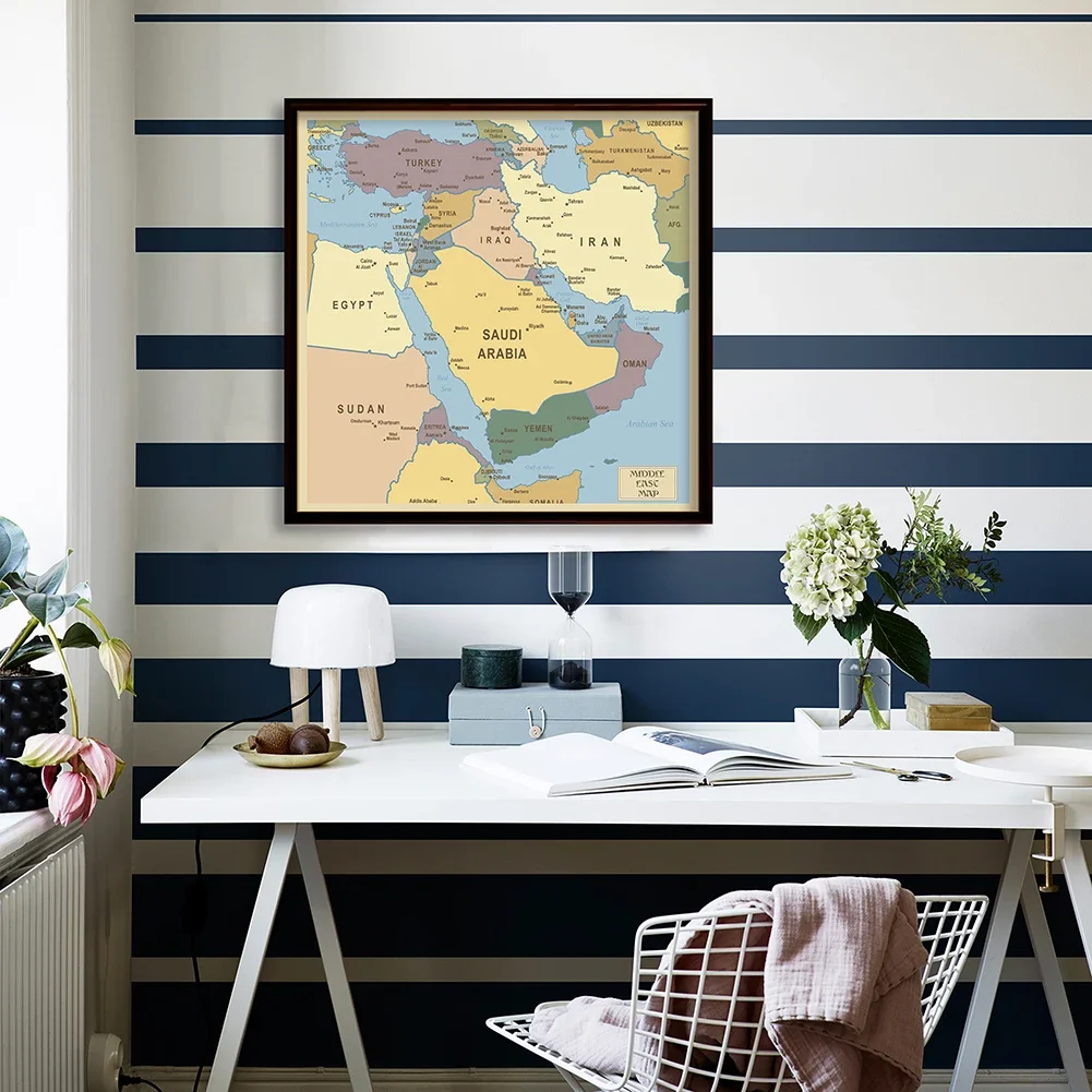 90*90 Cm Trung Đông Bản Đồ Chính Trị Không Dệt Tranh Canvas Trang Treo Tường Phòng Khách Trang Trí Nhà Cửa đồ Dùng Học Tập