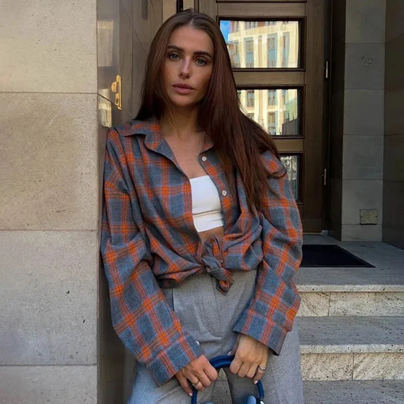 Mulheres vintage camisa de manga longa oversized camisa xadrez outono inverno moda solta lapela bolso camisa ajuste blusa estilo coreano