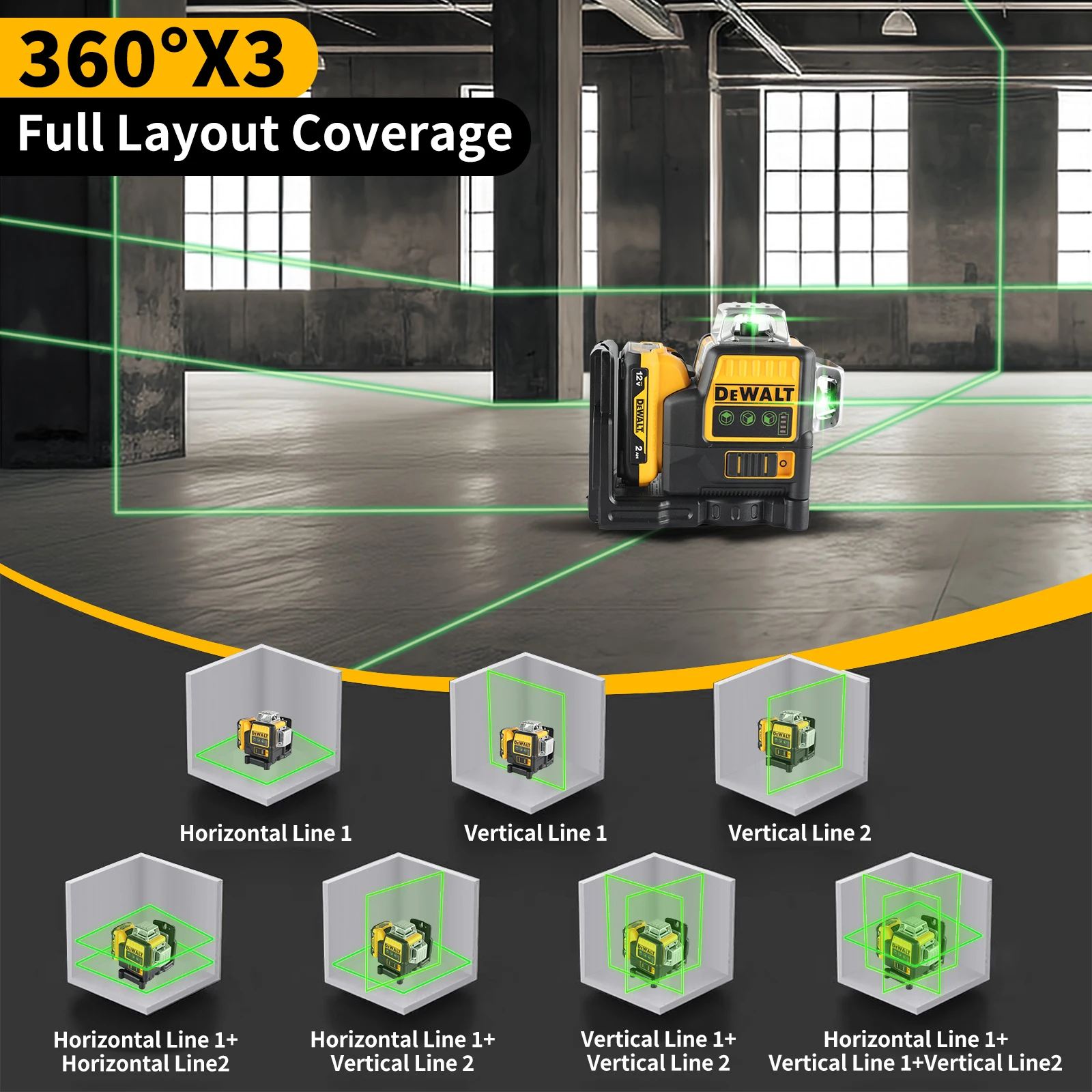 2025 DEWALT DW089LG 12V Li - ion Battery - Powered Self - Levelling Green Beam Laser. 12 Lines in 3x360° for Ultimate Precision