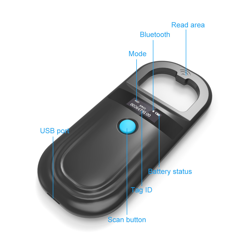 Leitor rfid de animais pretos, 134.2khz, 125khz, usb/bluetooth, scanner de microchip para cães e gatos, leitor de etiqueta de identificação de chip de vidro