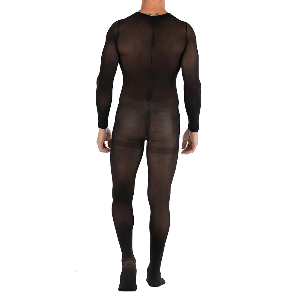 Sexy Erotic Lingerie Men Sheer Solid Color Bodysuit Jumpsuit Sissy Breathable Crotchless Full Body Transparent Soft Stockings