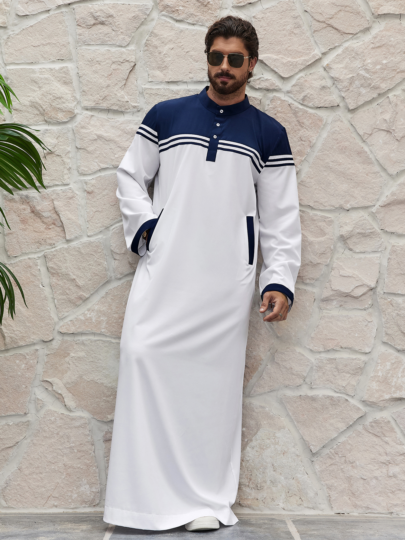 Islam Ramadán Color bloqueado Thobe musulmán tradicional para hombres, vestido largo islámico estilo Ramadán camisa bata, moda de Oriente Medio