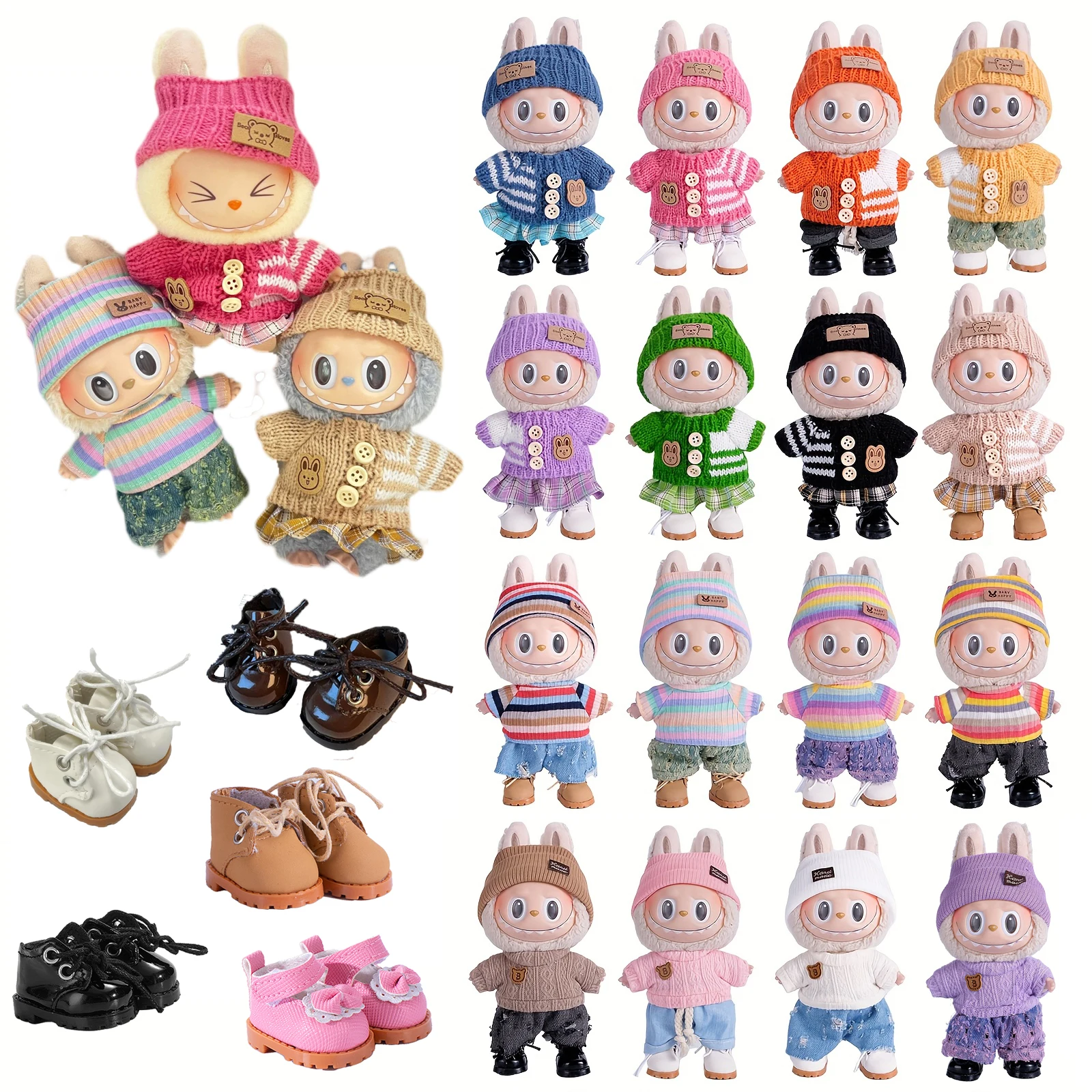 Conjunto de acessórios de roupas labubu de 6,7 polegadas, chapéu + roupas + (calças ou saia), roupas de boneca adequadas para sapatos de bonecas de pelúcia da moda