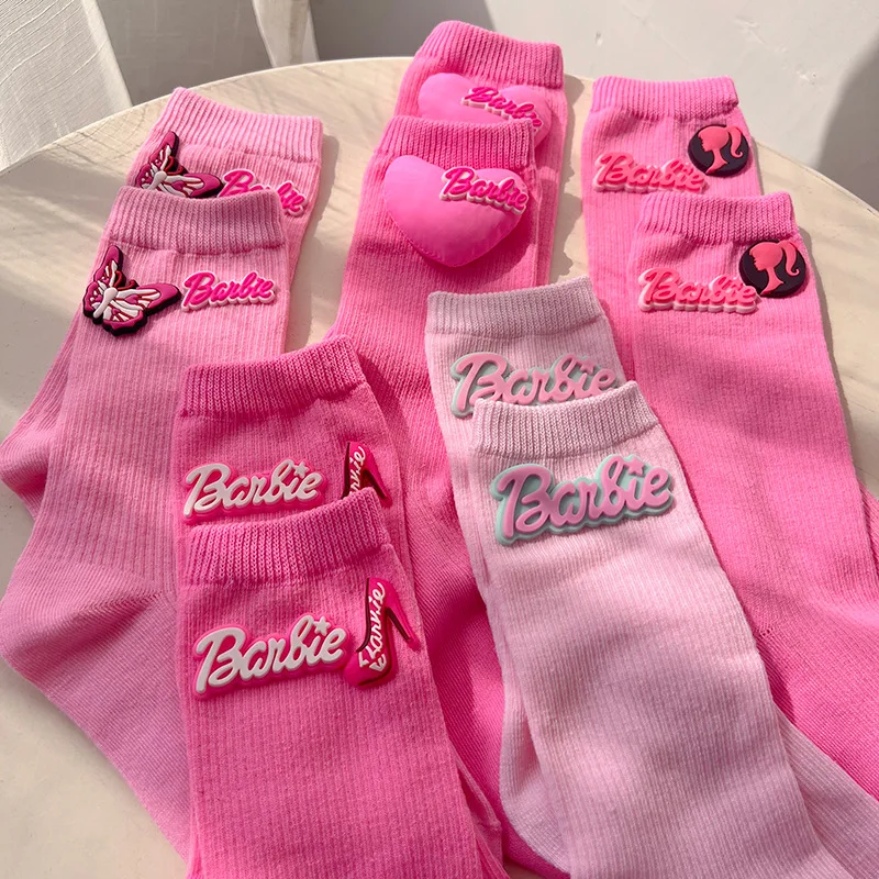 Cute Pink Barbie Socks Kawaii Women Knitted Stockings Fashion Ins Girl in Tube Socks Autumn and Winter Warm Soft Gift for Friend