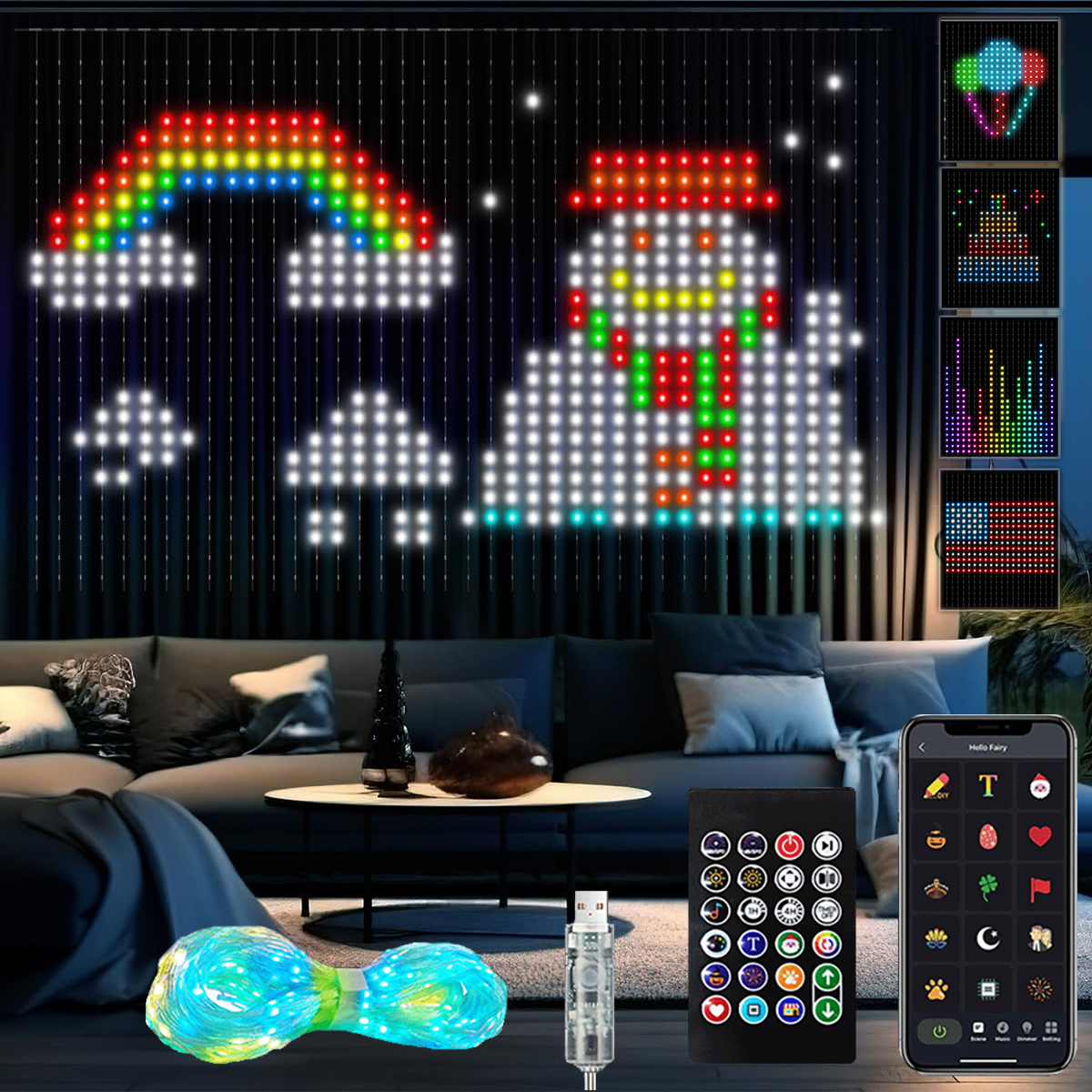 Version révélatrice de la lumière de rideau intelligente LED, interface USB, peut télécharger des images pour l'affichage, adaptée à la décoration d'ambiance de la pièce