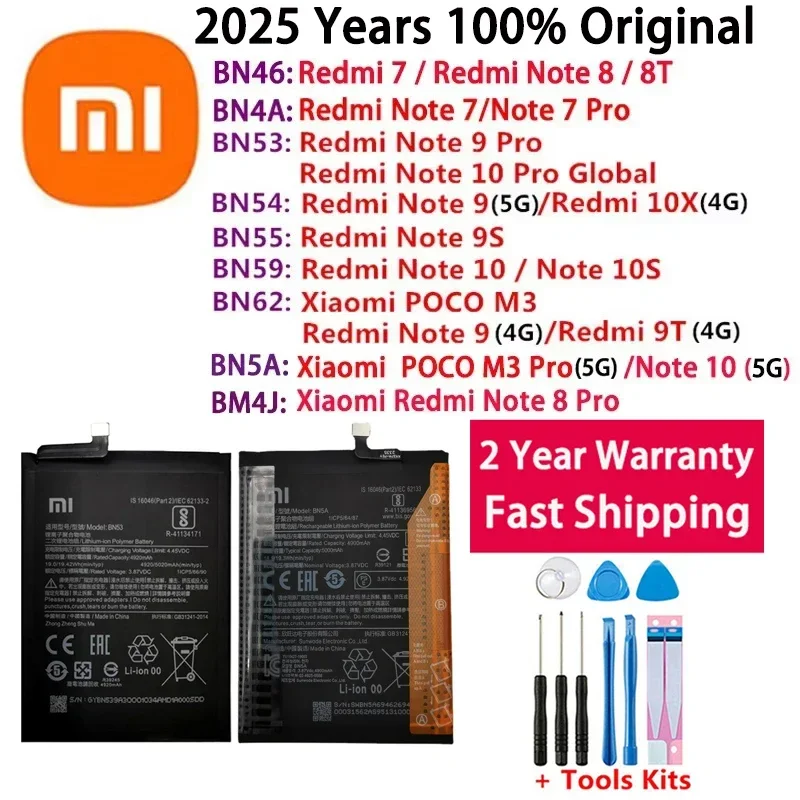 Оригинальный аккумулятор BN5A BN59 BM4J BN53 для Xiaomi Redmi Note POCO M3 7 9T 10X 7 8 8T 9 9S 10 10S 4G 5G Pro Батареи