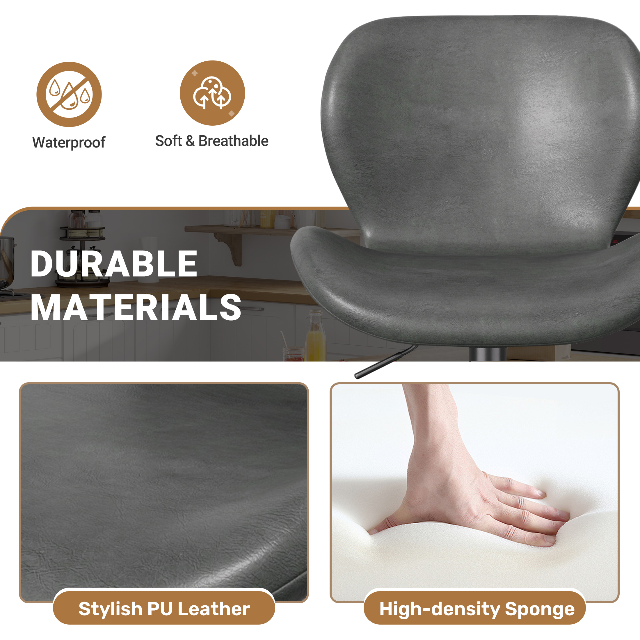 2Pcs Swivel Bar Stools, PU Leather Upholstered Barstools with Back & Footrest, Seat Adjustable Height，  For Bar Kitchen Island