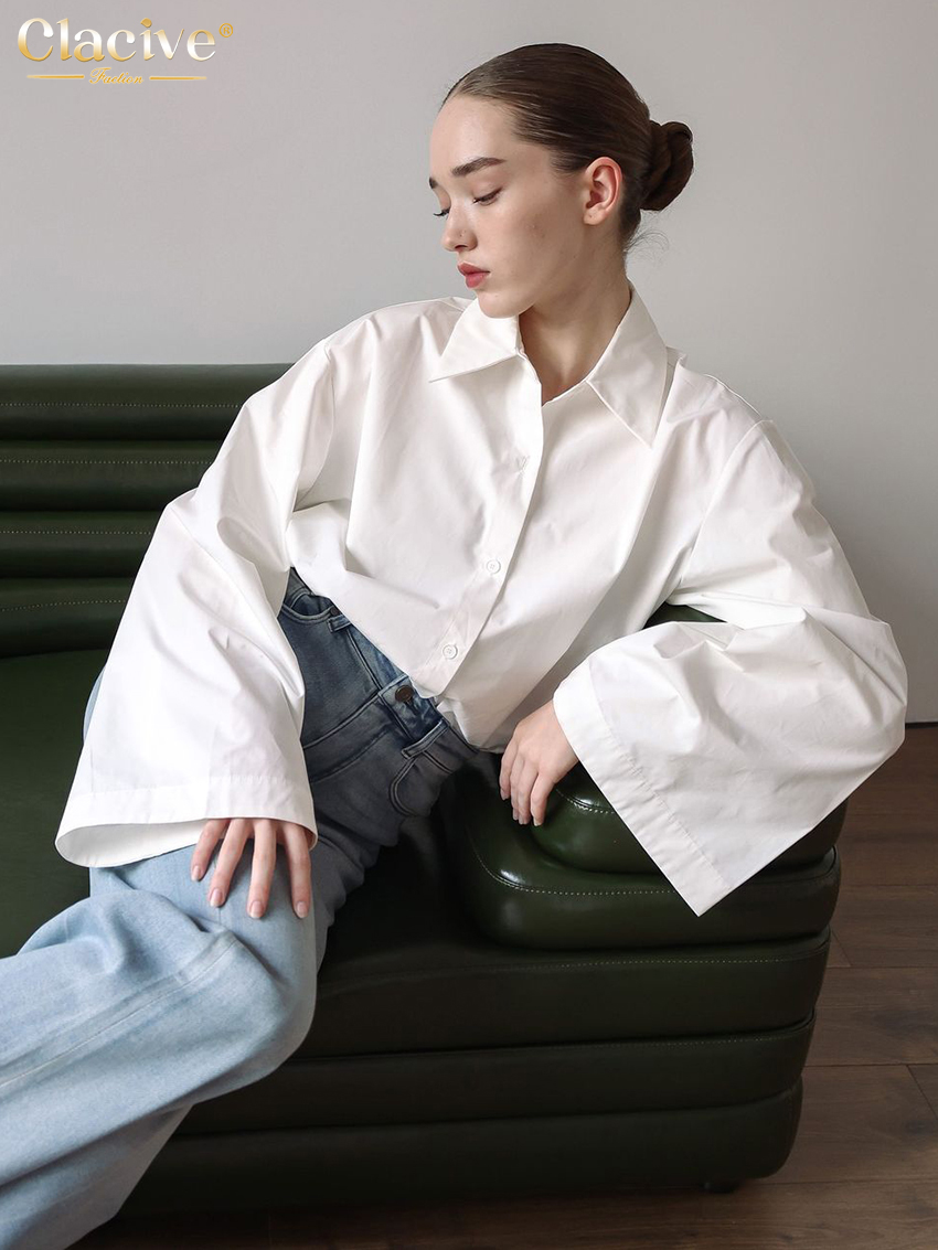 Clacive moda solta blusa feminina de algodão branco 2025 casual lapela camisa de manga longa elegante clássico sólido topo roupas femininas